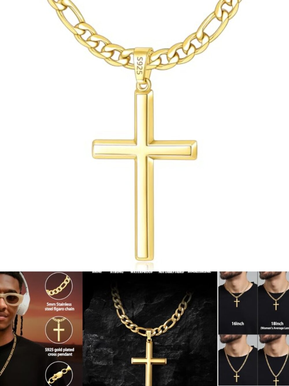 Sterling Silver 14K Gold Plated Cross Necklace Figaro Chain
